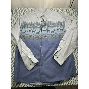 Cabelas Men's L Button-Up Shirt With Deer & Forest Print Cotton Blend Blue/Gray